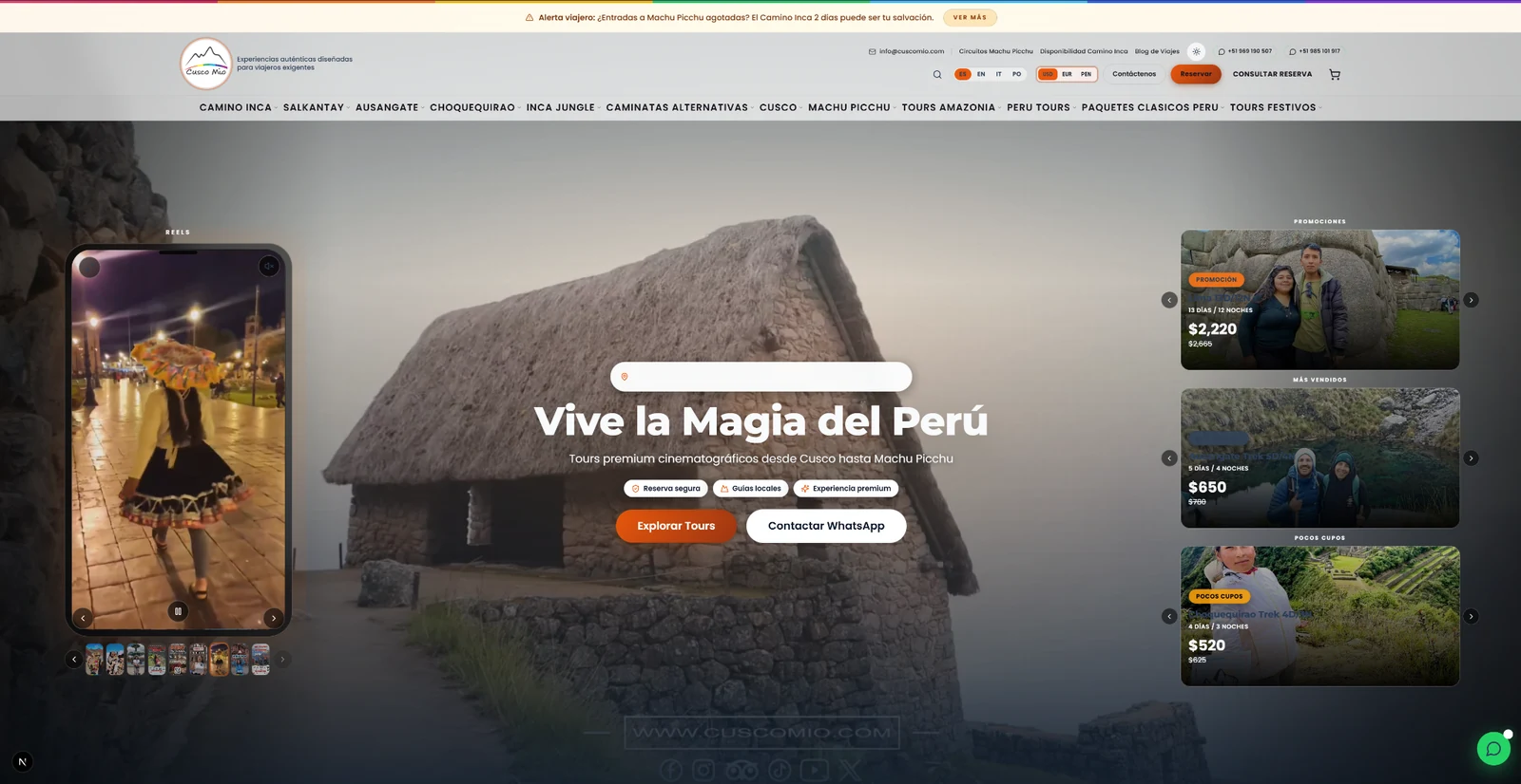 Hero inmersivo con tours, promociones, reels y llamadas a la acción visibles desde el primer vistazo.